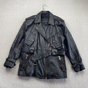Vintage 90's Leather Belted Moto Military Tech Jacket Utility Biker Grunge Read
